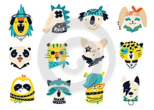 Rock animals. Vector collection of cartoon doodle characters for kids in funny doodle style. For printing on baby