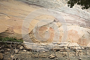 Rock art includes both humanoid and animal figures on cliffs at Pha Taem National Park in Ubon Ratchathani, Thailand