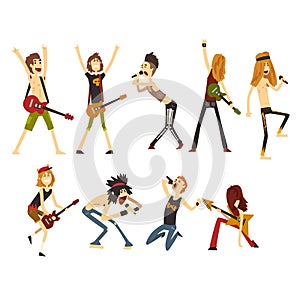 Rock artists characters set. Young musicians with electric guitars and microphones. Cartoon people in different poses