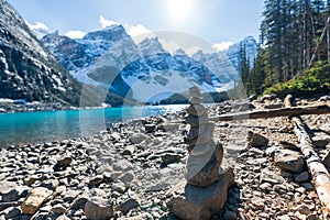 Rock Balancing, Stone Stacking Art. Moraine lake, Banff National Park, Canadian Rockies. Alberta, Canada.