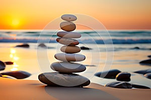 Rock balancing. Stones piled in balanced stacks in front of blurry beach at sunset