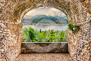 Rock balcony overlooking the town of Salo, Lake Garda, Italy photo