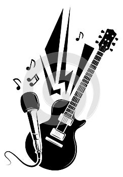 Rock band black icon. Microphone and electric guitar