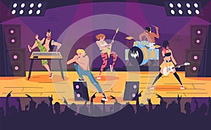 Rock band characters concert. Rocker musicians group members performing stage, rock star punk music artist guitarist