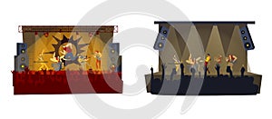 Rock band concert vector illustration, cartoon rocker, man woman music rockstar with microphone, singer singing on stage