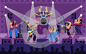 Rock band concert vocalist, drummer, pianist, guitarist on scene, crowd. Vector illustrations of disproportionate