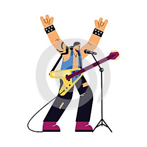 Rock band member playing guitar and signing, flat vector illustration isolated on white background.