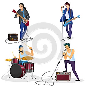 Rock band members isolated. Musical group singer, drummer, guitar player cartoon vector illustration.