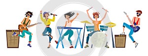 Rock band. Men and women play musical instruments. Guitarists, keyboardist, drummer and singer. Vector illustration photo
