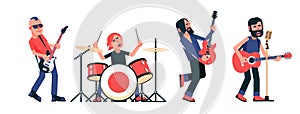 Rock band musicians with instruments in different poses