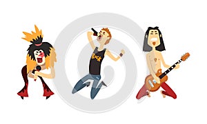 Rock Band Musicians Playing Guitar and Singing Set, Rock Stars Characters, Singer and Guitarists Cartoon Vector