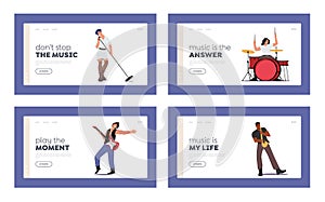 Rock Band Performing on Stage Landing Page Template Set. Electric and Acoustic Guitarist, Drummer, Singer, Artists