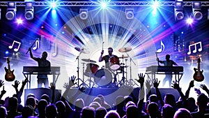 A rock band performs on stage with bright lights and a cheering audience