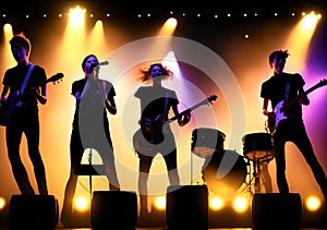 Rock Band Performs on Stage in the Spotlights, Generative AI Illustration