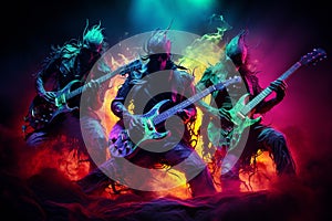 Rock band playing electric guitar on dark toned background with smoke