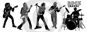 Rock Band Silhouettes. Vocalist, two electric guitars, bass guitar and drummer.