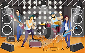 Rock band on the stage. Musical group cartoon vector illustration.
