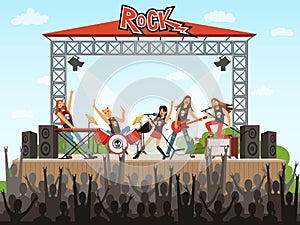 Rock band on stage. People on concert. Music performance. Vector illustration in cartoon style
