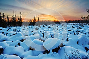 The rock-block field covered with snow and sunset glow