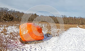 Rock or boulder painted orange in snowy meadow along Winter trail