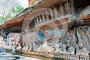 Rock carving of Sakyamuni Buddha entering Nirvana, with his disciples