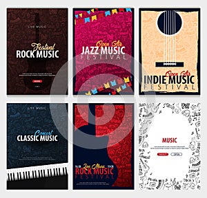 Rock, Classic, Indie, Jazz Music Festival. Open Air. Set of Flyers design Template with hand-draw doodle on the background.