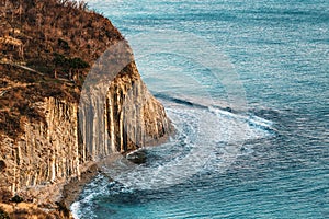 Rock cliff, blue sea and coast, beautiful ocean landscape, aerial view