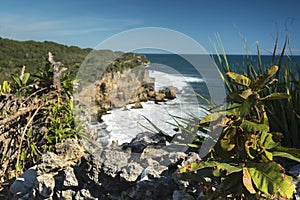 Rock clifs of insonesian seashore near the beach Ngobaran