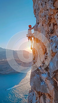 Rock climber ascending a challenging cliff face