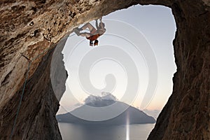Rock climber on cliff. Kalymnos Island, Greece.