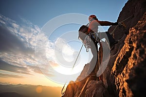 rock climber climbing forward at sunset, copy space