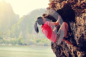 rock climber climbing at seaside mountain rock