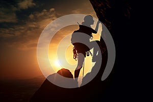 Rock climber in the evening a young woman of an overhanging cliff