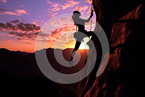 Rock climber in the evening a young woman of an overhanging cliff