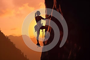 Rock climber in the evening a young woman of an overhanging cliff