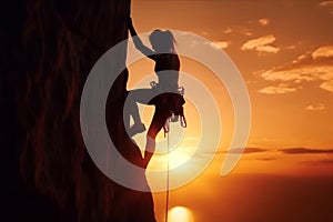 Rock climber in the evening a young woman of an overhanging cliff