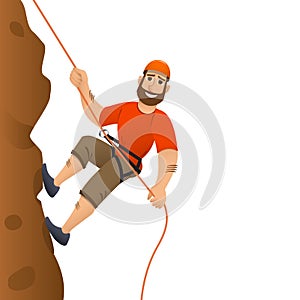 Rock climber. Man commits to rise the steep slope. Cartoon character.