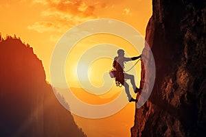 Rock climber reaches for the top of the cliff at sunset.
