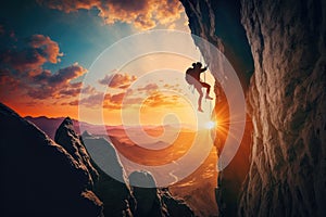 Rock climber reaching the top of a cliff with a rope