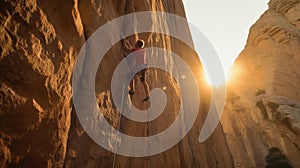 Rock Climber on rock ledge as sun rises