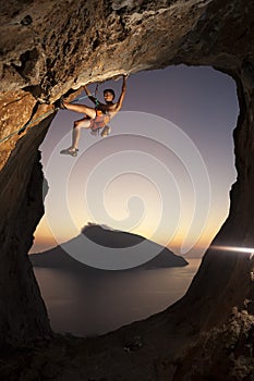 Rock climber at sunset. Kalymnos Island, Greece