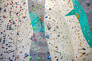 Rock climber young woman hanging on colored hooks on climbing artificial wall indoors of sport centre of Prague. Extreme