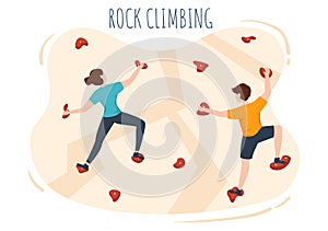 Rock Climbing with Climber Climbs Wall of Extreme Sportsmen and Sportswomen in Flat Cartoon background Illustration