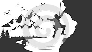 Rock climbing climber silhouette. Mountain climber, adventure, hiking vector illustration, logo, icon, and graphic for t