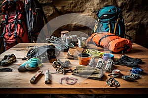 rock climbing gear spread out on a wooden table