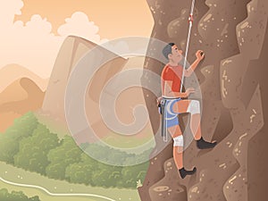 Rock climbing. A male climber climbs a steep cliff against a mountain landscape. Extreme sport