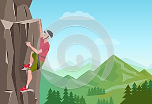 Rock Climbing man. Male on the rock. Extreme outdoor sports. Vector Illustration.