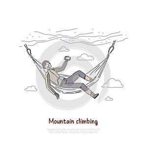 Rock climbing, mountaineering, climber resting in hammock, traveler relaxing in cliff wall, taking video, photo banner