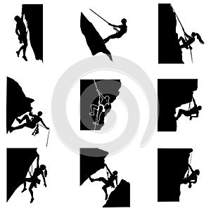 Rock climbing silhouette man and woman, climb to mountain with rope