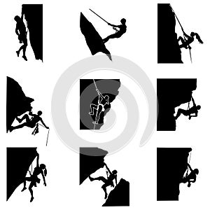 Rock climbing silhouette man and woman, climb to mountain with rope photo